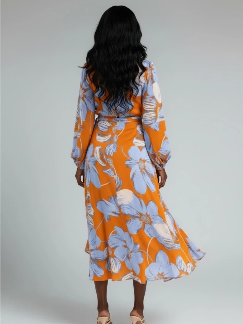 Floral Wrap Maxi Dress in Orange and Light Blue - Picture 3 of 3